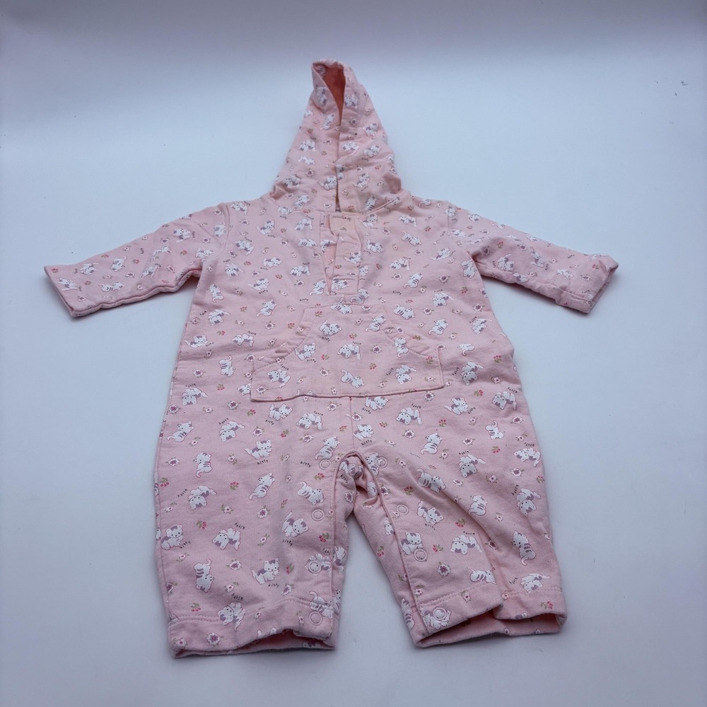 Miniwear Coverall Girls 3-6 Months Pink Kitty Cat Hooded French Terry One Piece